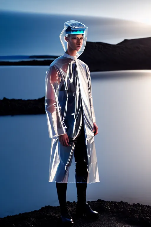 Image similar to an ultra high definition professional high fashion portrait studio full length photograph of a male model wearing a transparent pearlescent raincoat and neon visor in an icelandic black rock environment at dawn. no artefacts. extremely detailed. stark. refraction. shallow depth of field. volumetric light and shadow. ray tracing. light rays.