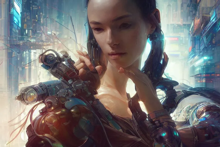 Image similar to light, sacred geometry, algorithms, intelligence and science, cyberpunk masterpiece, art by artgerm and greg rutkowski and ruan jia and Mucha