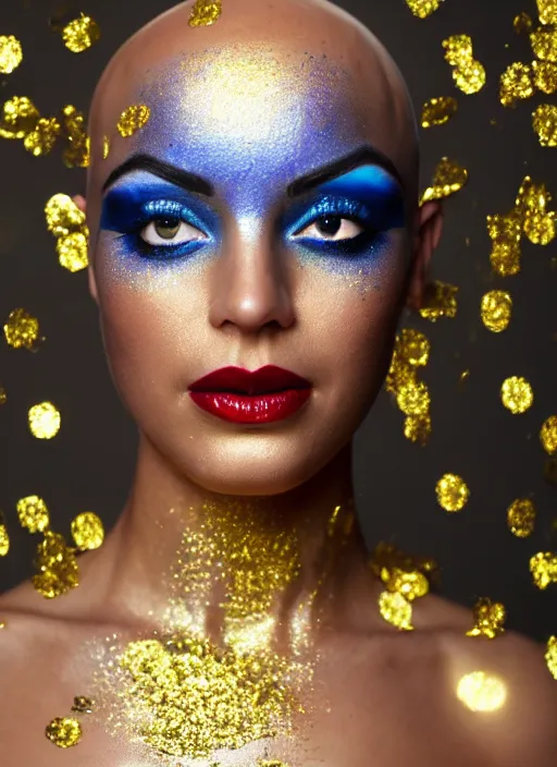 Image similar to wide shot photo of a beautiful bald woman with blue irises, gold and black makeup, tanned skin, dancing in gold rainstorm of glitter