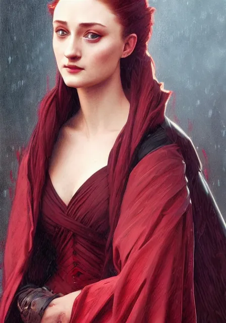 Image similar to portrait of sansa stark dark crimson poison sharp, intricate, elegant, highly detailed, digital painting, artstation, concept art, smooth, sharp focus, illustration, art by artgerm and greg rutkowski and alphonse mucha and william - adolphe bouguereau