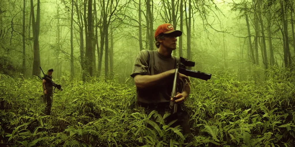 Prompt: cinematic photograph of a man with a baseball hat and a rifle standing in a dark lush forest, apprehensive, awaiting doom, 1 9 8 0 s stephen king atmosphere,