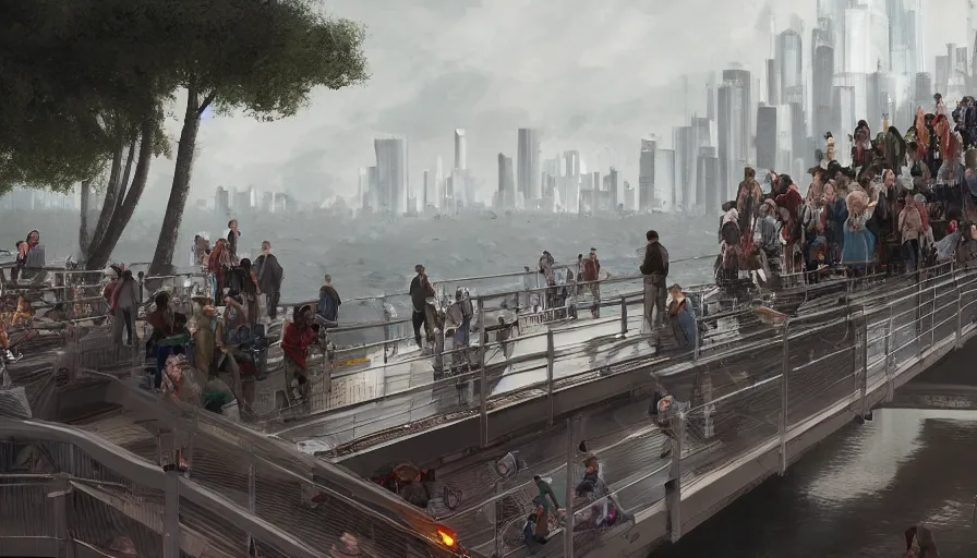 Image similar to people on a bridge watching tsunami coming to them, hyperdetailed, artstation, cgsociety, 8 k