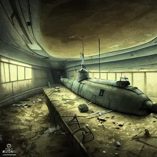 Prompt: inside an narrow quarter room of an abandonned ussr submarine, dim lighting with very small lightrays, comming, concept art, 4 k, hd, art station trending, sergii ivanchenko, sharp and highly detailed