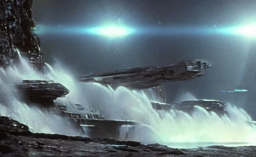 Prompt: iconic cinematic screenshot of star destroyer landing on waterfall canyon planet, from the action - packed scene from the 8 0 s star wars sci fi film by stanley kubrick, glowing, kodak film stock, 4 k, crisp, hyper detailed, photo real, anamorphic lenses 2 4 mm, lens flare,, award winning