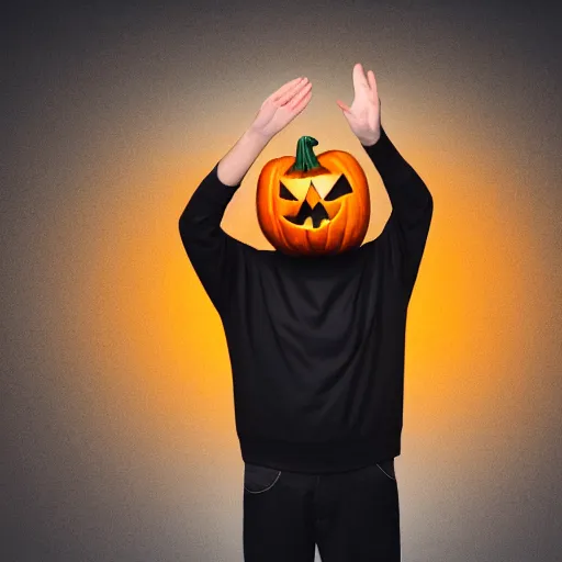 Image similar to man with pumpkin head, in black turtleneck, waving hands, at grey backgroud, studio light, 4 k