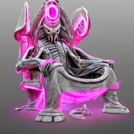 Image similar to a realistic antropomorphic pink elephant dressing necromancer clothes sited in a xenomorphic throne with glow neon eyes, finely detailed, 4 k, photorealistic, cycles engine,