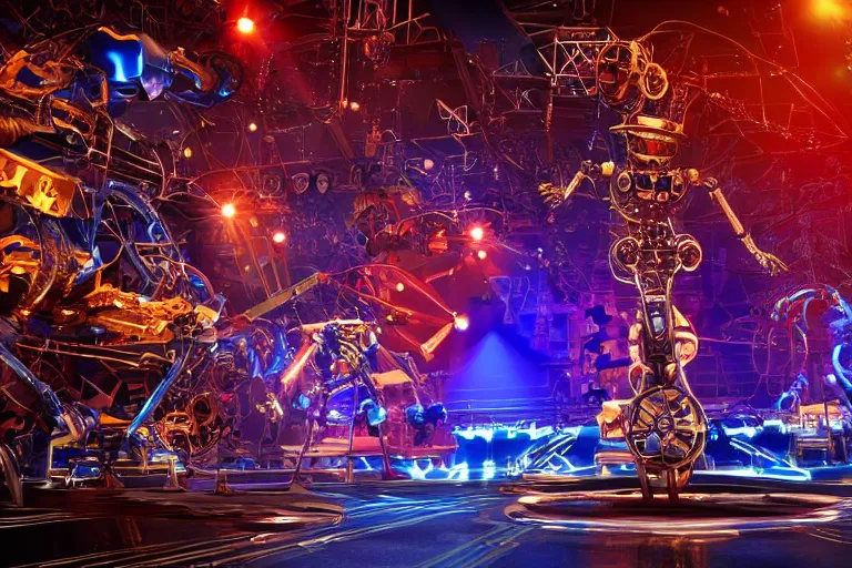 Image similar to stage from the show america got talent, on stage are 4 golden and blue metal humanoid steampunk robots falling apart, robots are wearing gears and tubes falling apart, eyes are glowing red lightbulbs, shiny crisp finish, 3 d render, 8 k, insaneley detailed, fluorescent colors, nightlight