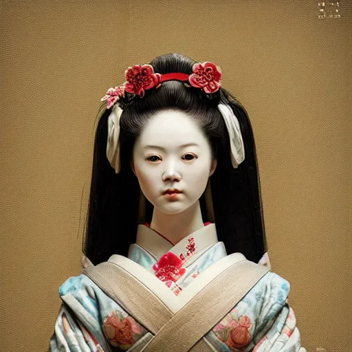 Image similar to portrait of a geisha porcelain doll, fractal, intricate, elegant, highly detailed, digital photography, subsurface scattering, by jheronimus bosch and james jean and greg rutkowski,
