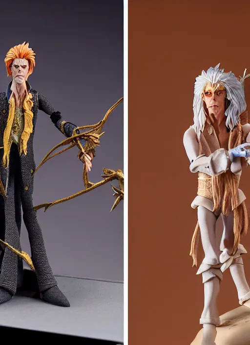 Image similar to product photography of a claymation action figure david bowie as jareth the goblin king, labyrinth depth of field, zeiss lens, detailed, centered, by jim henson, erwin olaf, joop geesink, breathtaking, 8 k resolution, extremely detailed, beautiful, establishing shot, hyperrealistic