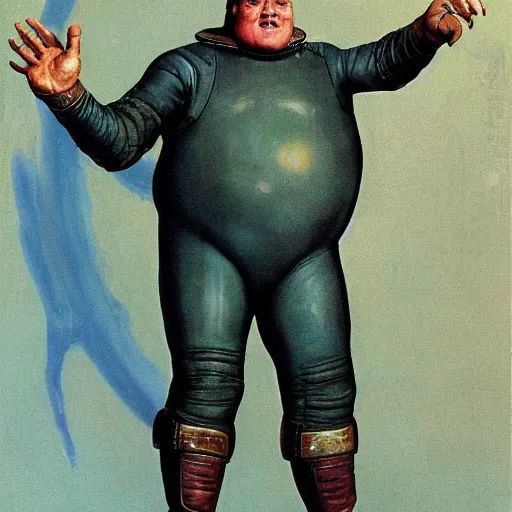 Prompt: full body portrait of actor Kenneth McMillan as baron harkonnen wearing ragged leather spacesuit and floating ten feet above floor in dystopian science fiction palace, painted by norman rockwell and tom lovell and frank schoonover, dune 1982 movie