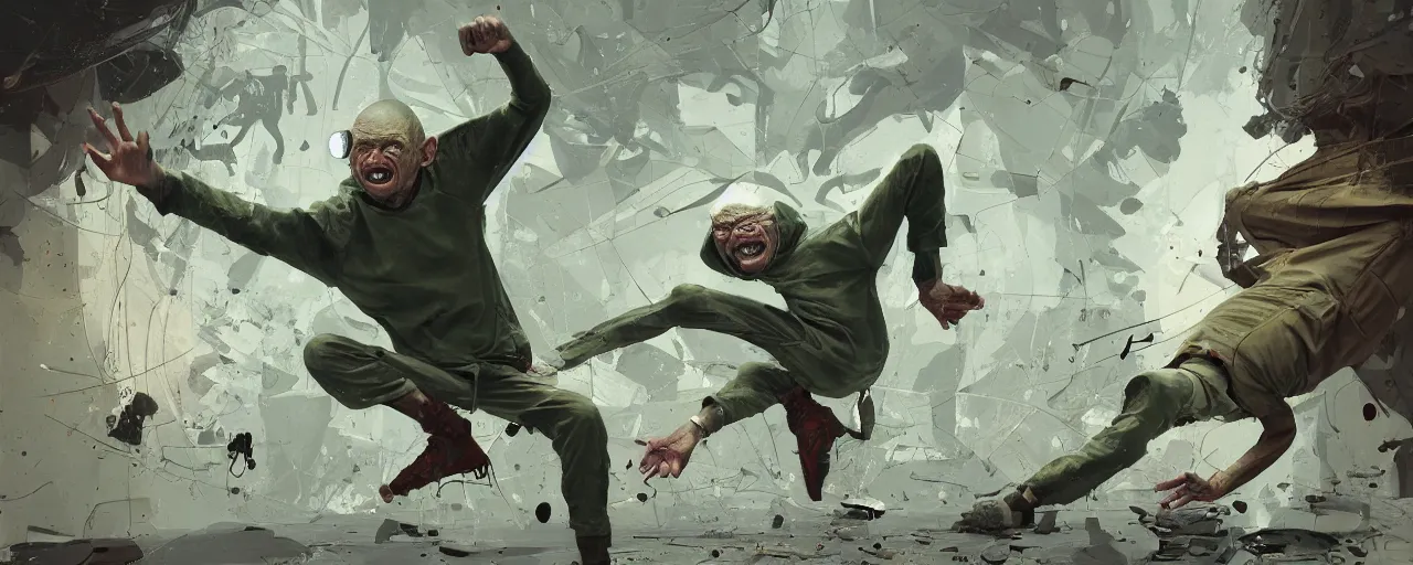 Image similar to duotone olive green grey illustration 3 / 4 portrait of gollum breakdancing wildly on the floor. dynamic chaotic composition accidental renaissance golden ratio. by sachin teng and sergey kolesov and ruan jia and heng z. graffiti art, scifi, fantasy, hyper detailed. octane render. concept art. trending on artstation