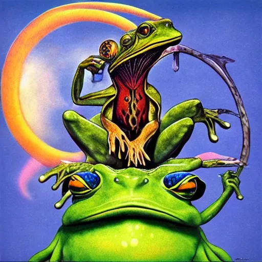 Image similar to progressive rock album cover of an elder wizard frog casting a world ending spell, in the style of Roger Dean