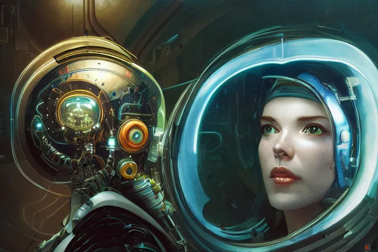 Image similar to portrait of a biomechanical head inside a cyberpunk space helmet, vintage transistors, neon, white metal, iridescent visor, smooth, sharp focus, art by Greg Rutkowski and artgerm and Alphonse Mucha,