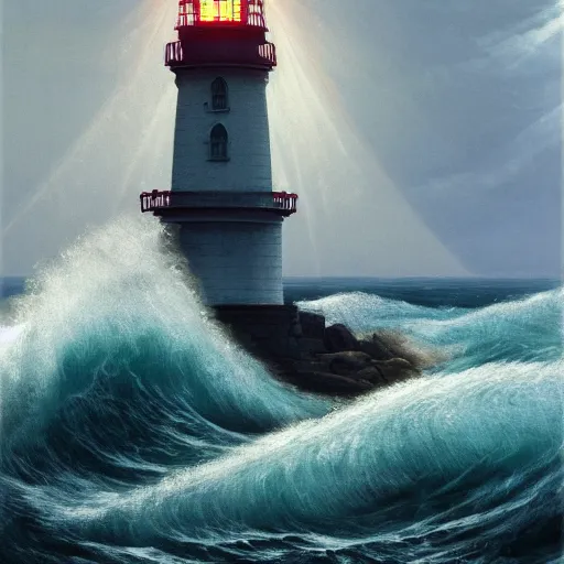 Prompt: 4k painting of a single lighthouse projecting light into a tumultuous ocean, huge waves,epic , trending on artstation, by WLOP and Rutkovsky, beksinski, intricate artwork by caravaggio, Unreal Engine 5, Lumen, Nanite , by Greg rutkowski, highly detailed , professionally post-processed , beautiful, scary, accurate features, epic, octane rendered, masterpiece, accurate