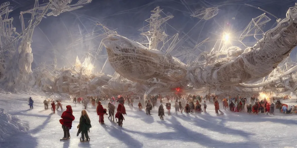 Image similar to North pole, snow, Gargantuan Mothership landing on ice, lasers attack on people and laboratories, wide angle, professional kodak lenses, magic, fire, face painting, dramatic lighting, intricate, wild, highly detailed, digital painting, artstation, concept art, smooth, sharp focus, illustration, art by artgerm and greg rutkowski and alphonse mucha, footage from space camera