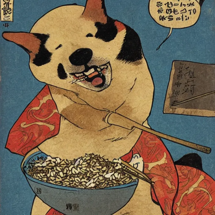 Prompt: comic book artwork of a shiba inu samurai eating a bowl of rice