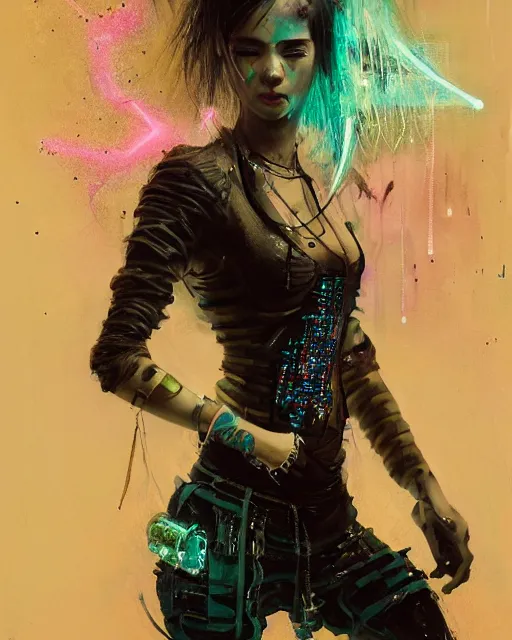 Image similar to detailed portrait Young Gangster Girl cyberpunk futuristic ((neon)) tattoes, styled hair Reflective gauzy fine-spun film jacket, decorated traditional ornaments by Carl Spitzweg ismail inceoglu dragan bibin hans thoma greg rutkowski Alexandros Pyromallis Nekro illustrated Perfect face, fine details, realistic shaded, fine-face, pretty face