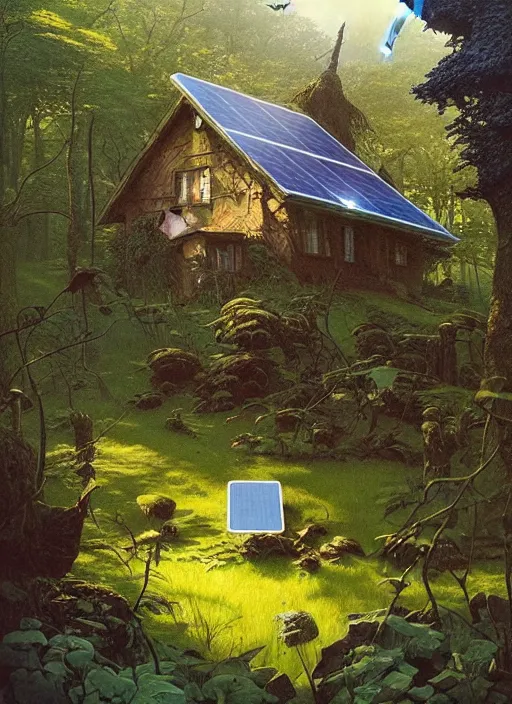 Image similar to hyper realistic witch cottage with solar panels with happy lighting and technology in the woods gorgeous lighting, sunbeams blue sky, lush forest foliage painting by zdzisław beksinski and norman rockwell and greg rutkowski weta studio, and lucasfilm