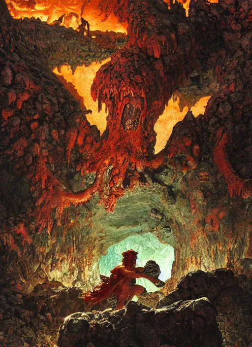 Prompt: monster in lava cave, by lawrence alma - tadema and zdzislaw beksinski and norman rockwell and jack kirby and tom lovell and greg staples, artstation creature art