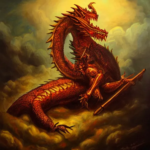 Prompt: ginger man stands triumphantly on the corpse of a dragon, oil painting, dramatic lighting, extremely detailed