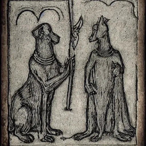 Prompt: medieval etching art of dogs