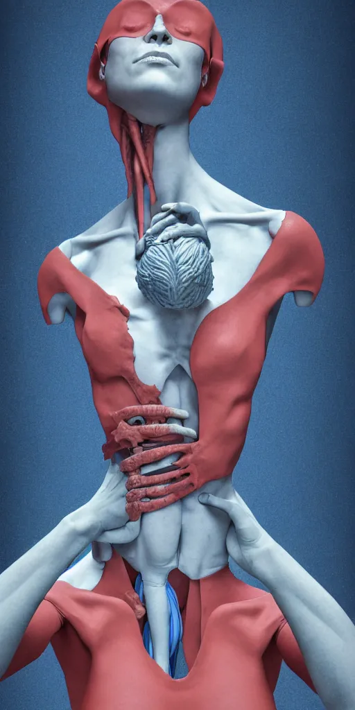 Image similar to poster design, full body anatomical model, 3 d photographic render of a deconstructed asymmetric human anatomical correct human body, in hoc signo vinces, waterfall, in the style of leonora carrington, gottfried helnwein, intricate composition, blue light by caravaggio, insanely quality, highly detailed, masterpiece, red light, artstation