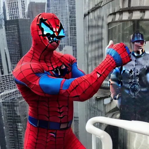 Image similar to dwayne johnson promo on ring wearing spiderman costumes