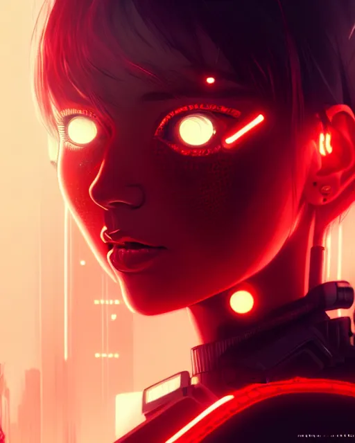 Image similar to a detailed potrait of a cyberpunk cyborg girl with black and red parts, fine - face, realistic shaded perfect face, fine details. night setting. very anime style. realistic shaded lighting poster by ilya kuvshinov katsuhiro, unreal engine, global illumination, radiant light, detailed and intricate environment