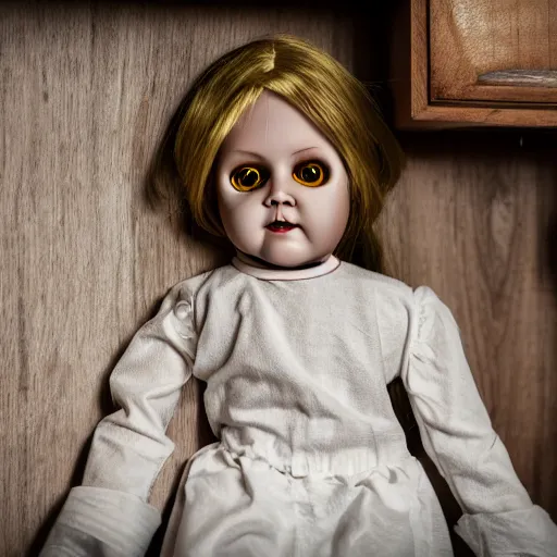 Image similar to creepy doll sitting on shelf, staring at camera, 8 k, photorealistic, dark