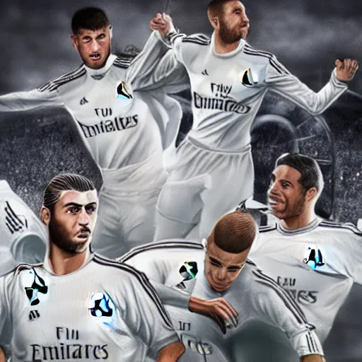 Image similar to Real Madrid football players drawn as football gods. unreal 5. Award-winning. Realistic. High detail. Soccer. Digital art.