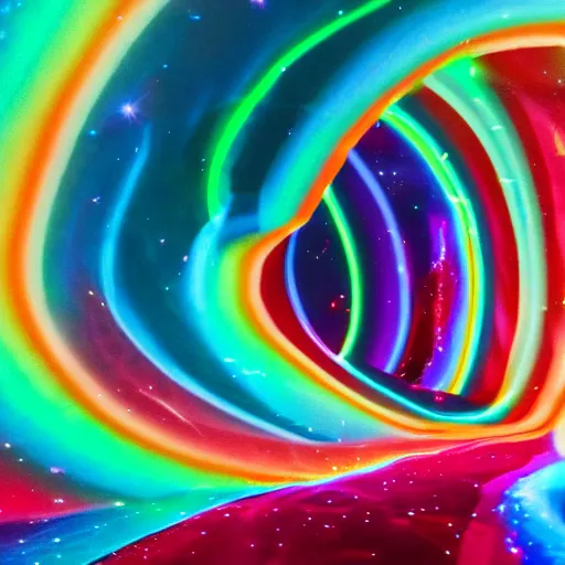 Prompt: floating rainbows, fabric, forming a giant human body, nebula, in space, space tunnel