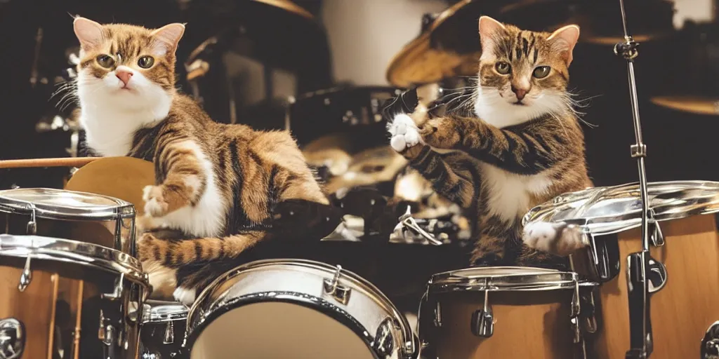 Image similar to a photo of a cat playing drums ironically and funny