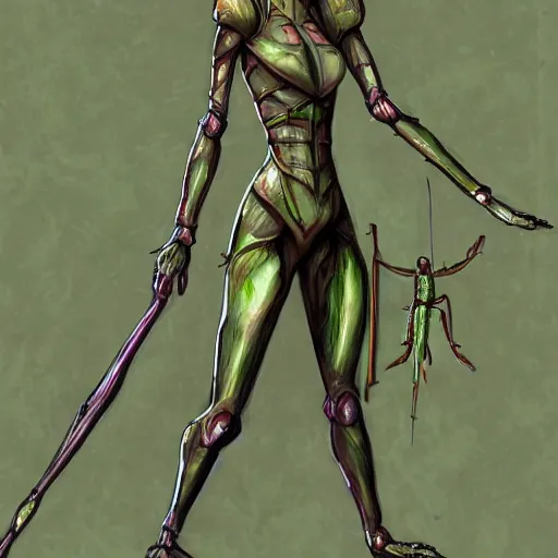Image similar to green human-sized Mantis religiosa with 6 legs standing on a hill with magic wand in one hand and medival army behind her; fantasy drawing; D&D; magic; illustration; Artstation