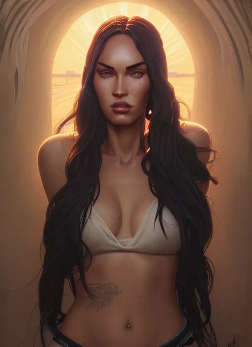 Image similar to highly detailed portrait of megan fox, stephen bliss, unreal engine, greg rutkowski, loish, rhads, beeple, makoto shinkai and lois van baarle, ilya kuvshinov, rossdraws, tom bagshaw, alphonse mucha, global illumination, god rays, detailed and intricate environment