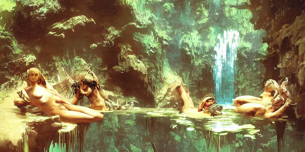 Image similar to a tropical cave that renovate as a luxury interior as several beautiful women bathe in the waters surrounding a muscled adventurer by syd mead, frank frazetta, ken kelly, simon bisley, richard corben, william - adolphe bouguereau, detailed concept art