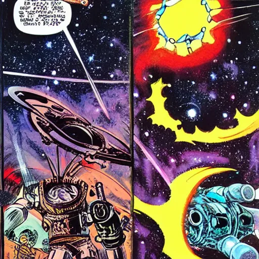 Image similar to space opera battle, art by wally wood