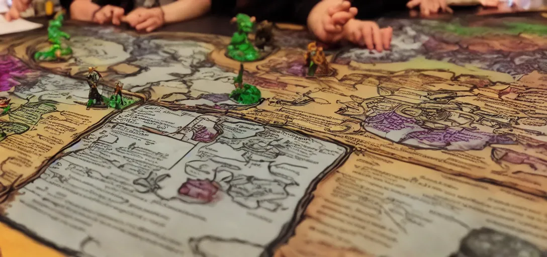 Prompt: dungeons and dragons board with the dungeon master reading lore bokeh