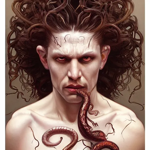 Image similar to male medusa, highly detailed, digital painting, bloody eyes, snakes, white skin, artstation, concept art, smooth, sharp focus, illustration, art by artgerm and greg rutkowski and alphonse mucha