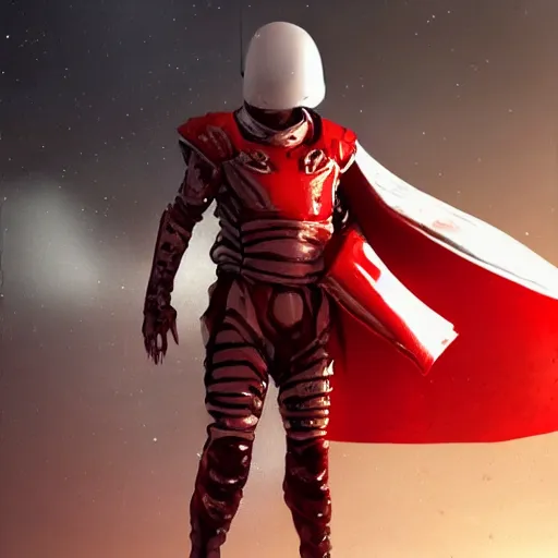 Image similar to a tall muscular soldier wearing blood-spattered glossy sleek white dinged scuffed armor and a long torn red cape, heroic posture, determined expression, elegant, no helmet, on the surface of mars, dramatic lighting, cinematic, sci-fi, hyperrealistic, detailed