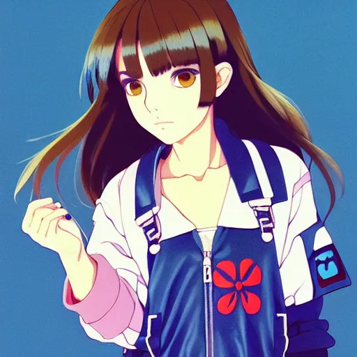 Image similar to a beautiful boyish natalie portman gravure model, wearing oversized mayan bomber jacket and leotard with overalls, bulky poofy bomber jacket with mesoamerican patterns, mesoamerican street fashion, gapmoe yandere grimdark, trending on pixiv fanbox, painted by greg rutkowski makoto shinkai takashi takeuchi studio ghibli, akihiko yoshida