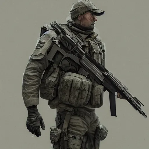 Prompt: scav on patrol, highly detailed sketch, intricate, elegant, highly detailed, pencil, concept art, smooth, sharp focus, illustration, art by karl kopinkski, octane render, unreal engine, 8 k inspired by escape from tarkov