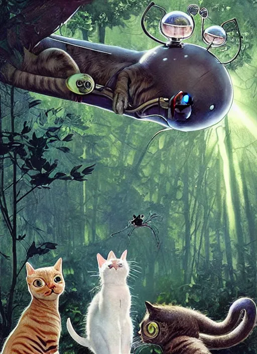 Image similar to a hyper realistic cat meeting an alien. and sunbeams blue sky, lush forest foliage painting by chiara bautista and norman rockwell and greg rutkowski weta studio, and lucasfilm