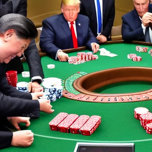 Image similar to putin trump xi kim jong un playing poker at a round table award winning photo realistic