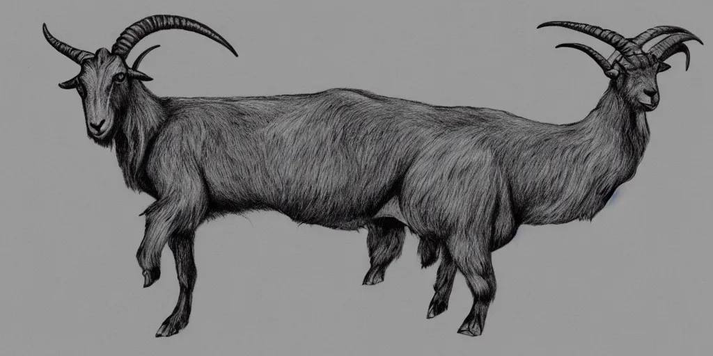 Image similar to full body shot of a large goat with the horns shaped like an axe head, pencil drawing, illustration, black and white, artstation