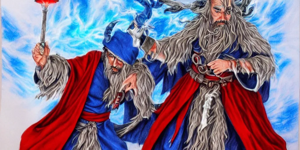 Prompt: an airbrush fantasy drawing of a druid warlock dnd character wearing blue robe with red belt.-H 576