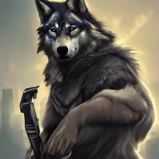 Image similar to epic professional digital art of Wolf as a gangster, best on artstation, cgsociety, wlop, cosmic, epic, stunning, gorgeous, much detail, much wow, masterpiece,