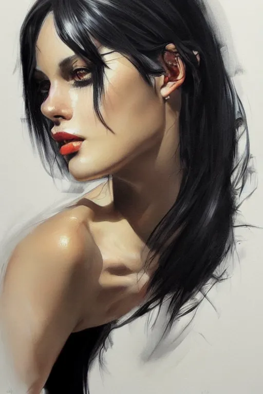 Image similar to portrait of a beautiful woman, black hair, attractive, casual, modern, highly detailed, concept art, smooth, sharp focus, illustration, art by thomas saliot