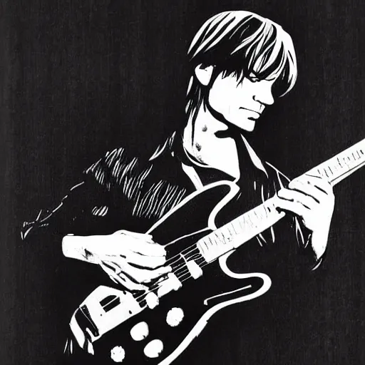 Prompt: Jonny Greenwood playing a guitar in a black and white photo, a black and white photo by David Gilmour Blythe, featured on tumblr, toyism, groovy, psychedelic, ilya kuvshinov