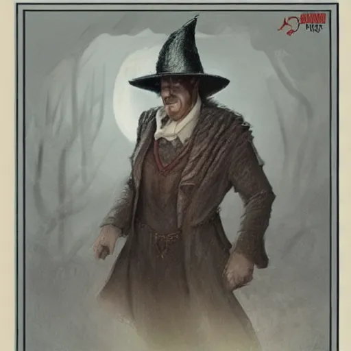 Image similar to cranbow jenkins, lord of the hambone, emerging from the mist, and now he has a fancy hat