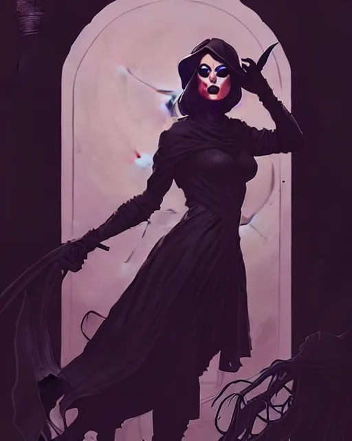 Image similar to rafael albuquerque comic art, peter mohrbacher, steve niles, artgerm, pretty mary elizabeth winstead witch, black dress, symmetrical eyes, long blonde hair